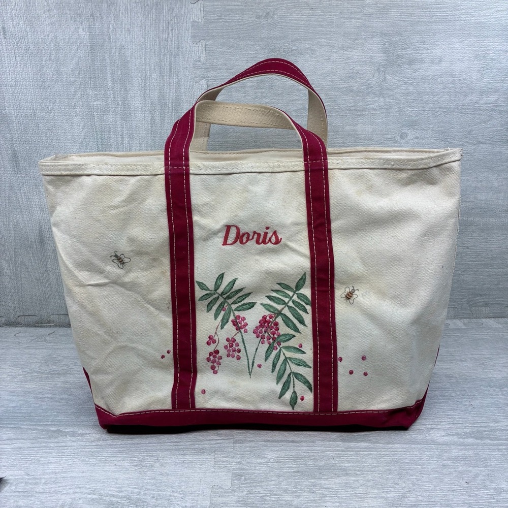 Vintage L.L. Bean Boat and Tote Bag Large Natural Red Canvas Floral Doris Zip